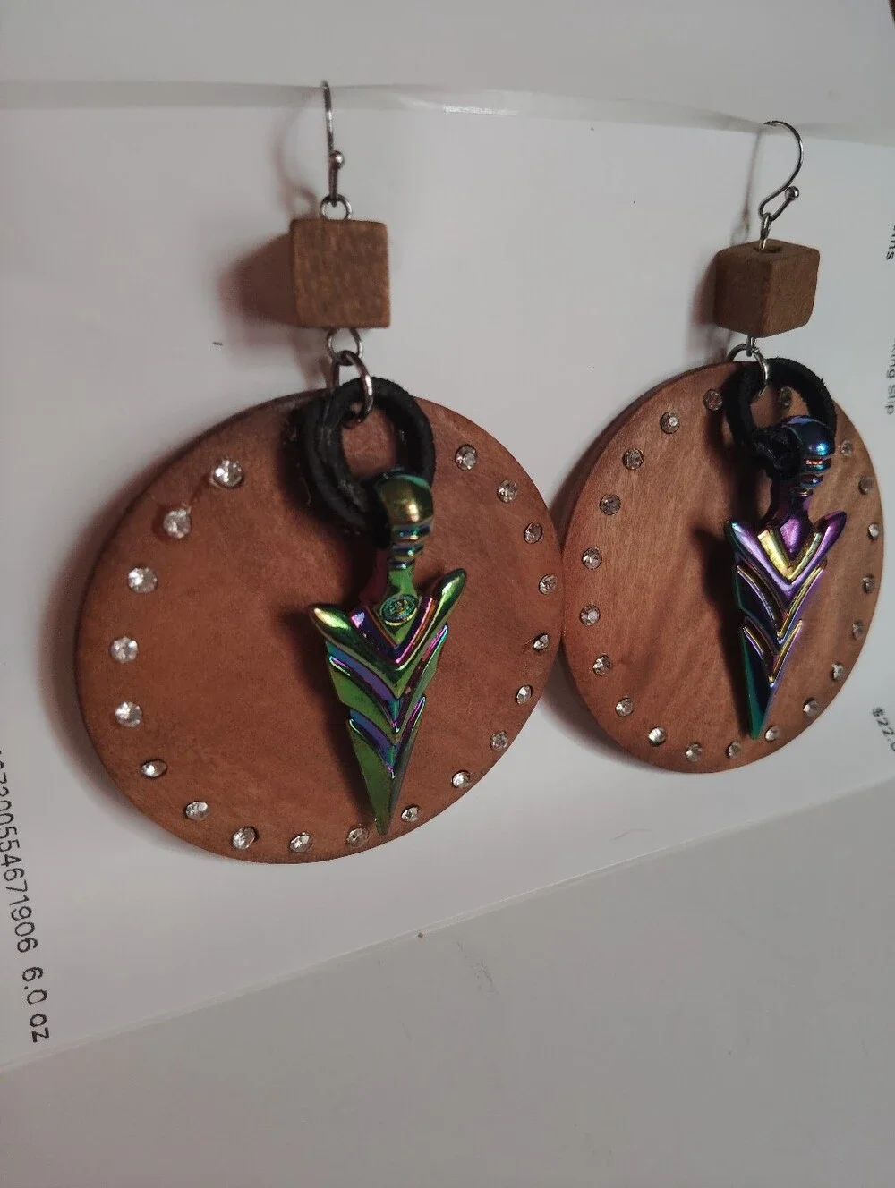 New Handmade Iridescent Arrow Drop Pierced Earrings On Wood Discs Lightweight